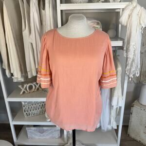 DuJour Size Large peachy pink top billowy sleeves rick rack summer, spring #3936